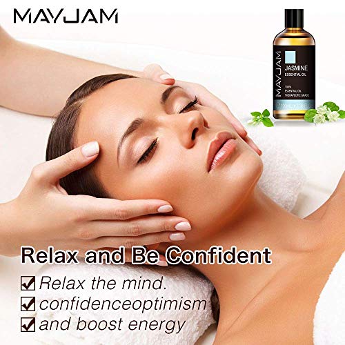 MAYJAM Aceites Esenciales de Jazmín 100 ml, 100% Aceites Esenciales Naturales Puros, Aceite Esencial de Aromaterapia de Grado Terapéutico, Aceites de Fragancia para Difusor Humidificador Relajación