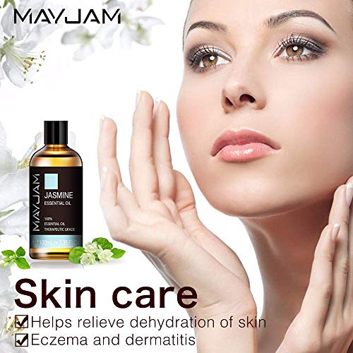 MAYJAM Aceites Esenciales de Jazmín 100 ml, 100% Aceites Esenciales Naturales Puros, Aceite Esencial de Aromaterapia de Grado Terapéutico, Aceites de Fragancia para Difusor Humidificador Relajación