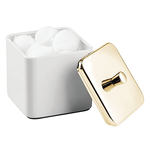 mDesign Algodonero Decorativo – Contenedor con Tapa con Bordes Redondeados para bastoncillos de algodón, Sales de baño y más – Organizador cosmético de Metal para baño – Blanco/Dorado latón