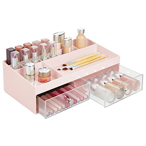 mDesign Organizador de cosméticos – Prácticas cajas para maquillaje con 2 cajones y 15 compartimentos para pintaúñas, talco y más – Cajoneras de plástico para cosmética – rosa/transparente