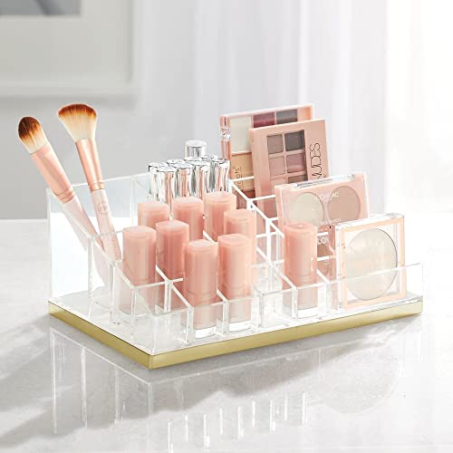 mDesign Práctico organizador de maquillaje – Decorativa caja para guardar cosméticos como esmaltes de uñas o polveras – Expositor de maquillaje con 17 compartimentos – transparente/dorado latón