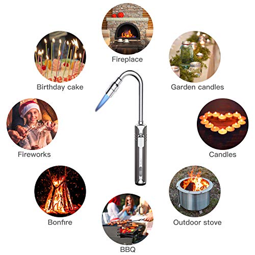 Mechero Soplete Encendedor Cocina Gas Largo 15CM Cuello Flexible 360º Recarga Gas Mechero Soplete Gas Butano para Cocina Vela Chimenea Camping Barbacoa Linternas Parrilla Fuegos Artificiales, Gris