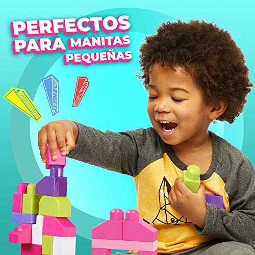 Mega Bloks Juego de construcciones 80 piezas con bolsa ecológica rosa, juguete bebé +1 año (Mattel DCH62)