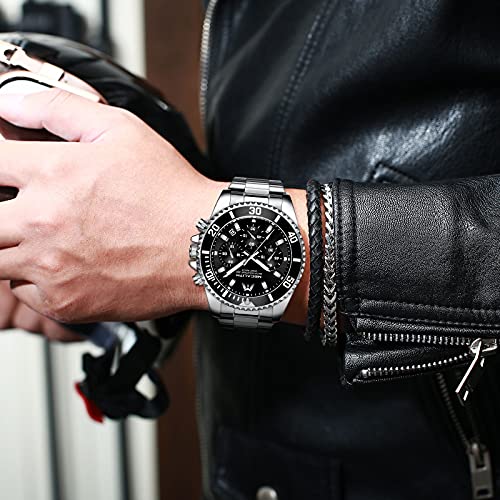 MEGALITH Reloj Hombre Acero Inoxidable Plata Relojes de Pulsera Cronógrafo Impermeable Diseñador Reloj Analógico Hombre Grande Luminosa Fecha