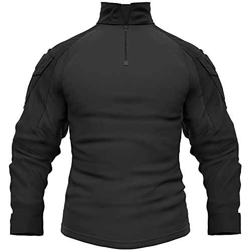 Memoryee Camisa de Manga Larga de Combate Militar del ejército táctico para Hombres Camiseta Slim fit de Camuflaje con Cremallera 1/4 y Bolsillos/Negro/M(Tag XL)