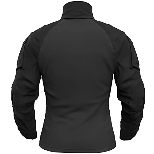 Memoryee Camisa de Manga Larga de Combate Militar del ejército táctico para Hombres Camiseta Slim fit de Camuflaje con Cremallera 1/4 y Bolsillos/Negro/M(Tag XL)