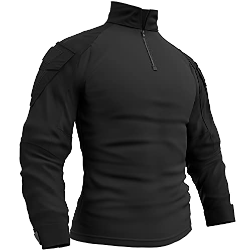 Memoryee Camisa de Manga Larga de Combate Militar del ejército táctico para Hombres Camiseta Slim fit de Camuflaje con Cremallera 1/4 y Bolsillos/Negro/M(Tag XL)