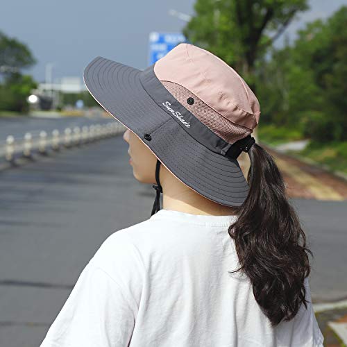 MengH-SHOP Sombrero de Sol al Aire Libre Mujer Sombrero de Cola de Caballo Plegable Gorro de Pescador Gorras de ala Ancha de Malla Sombrero de Verano Visor 56-58CM (Rosado)