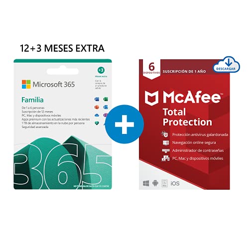 Microsoft 365 Familia | Apps Office 365 | PC/MAC/teléfono | Suscripción anual | 12+3 Meses | + McAfee Total Protection 2022 | 6 Dispositivo | 12 Meses | PC/Mac/Android/Smartphones - Código por email