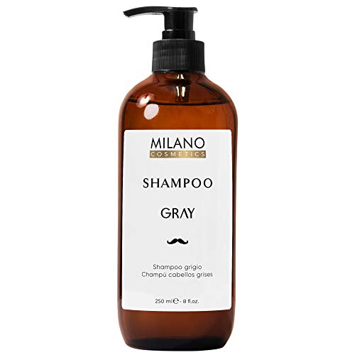 Milano Champú Cabellos Grises Hombre Shampoo Gray 250 ml Champú profesional sin sulfatos ni parabeno diseñado para matizar, cuidar y potenciar el pelo gris, blanco, cano o decolorado.