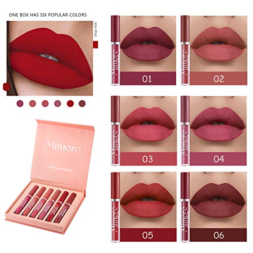 Mimore Lápiz labial 6pcs / set Kit de brillo de labios de lápiz labial líquido mate Kit de regalo de lápiz labial líquido resistente al agua de larga duración para cosméticos (01)