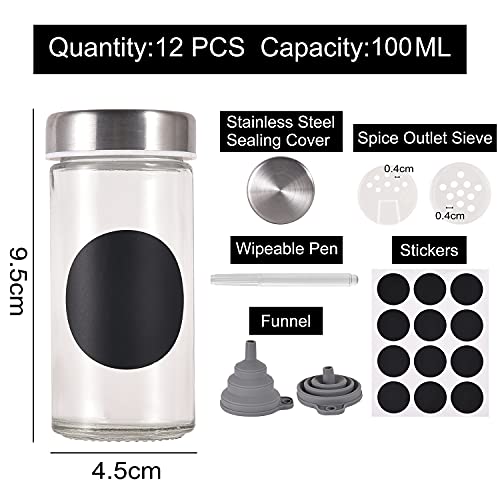 Miorkly 12 tarros de especias con aspersores-tarros de especias con tapa de acero inoxidable de alta calidad-agitadores de especias redondos-recipientes de especias transparentes