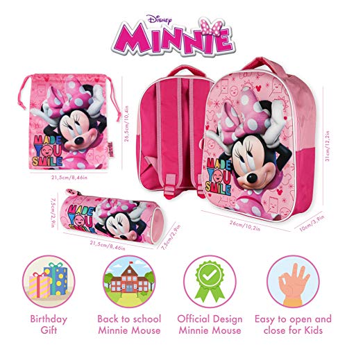 Mochila Infantil 3D, Estuche Escolar y Bolsa Merienda de Cuerdas Pack Diseño Colorido – Minnie Mouse | Mochila Escolar Niña de 3 Años | Material Escolar Vuelta al Cole con Minnie Mouse