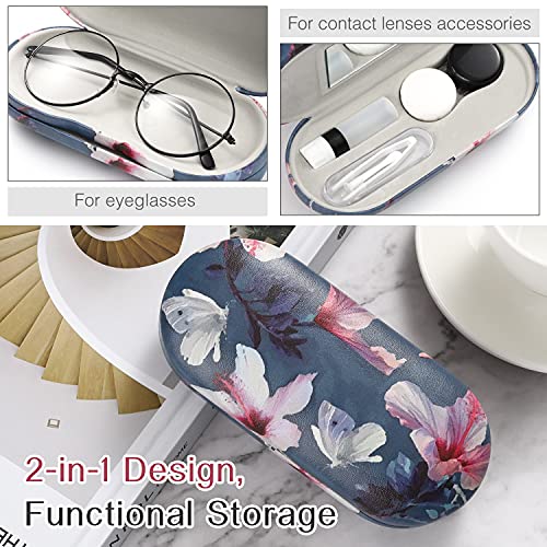 MoKo Estuche de Gafas de Doble Cara, 2 en 1 Caja Portátil de Lente de Contacto, Funda de Anteojos de PU Impermeable Ideal para Almacenar Gafas del Sol, Gafas, Lentes de Contacto, Flores & Mariposas