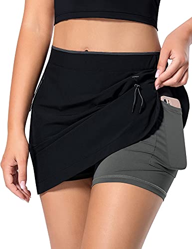 MOVE BEYOND Faldas Pantalón de Tenis para Mujer con 3 Bolsillos Falda Deportiva Ligera con Pantalón Corto Incorporado para Golf Correr Entrenamiento, Negro y Gris ClaroXS