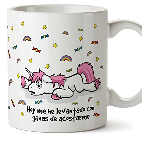 MUGFFINS Taza Unicornio - Hoy me he levantado con ganas de acostarme - Regalo Original con Frases Divertidas para desayunos