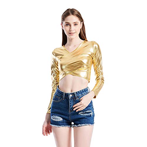 Mujer Brillante Metálico Cuero de PU Cuello en V Manga Larga Crop Top Cross Tank Bustier Danza Escénica Sexy Clubwear Dorado 2XL