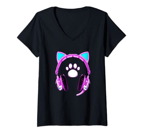 Mujer Gato oído auriculares gatito gatito Gamer Girls Anime Camiseta Cuello V