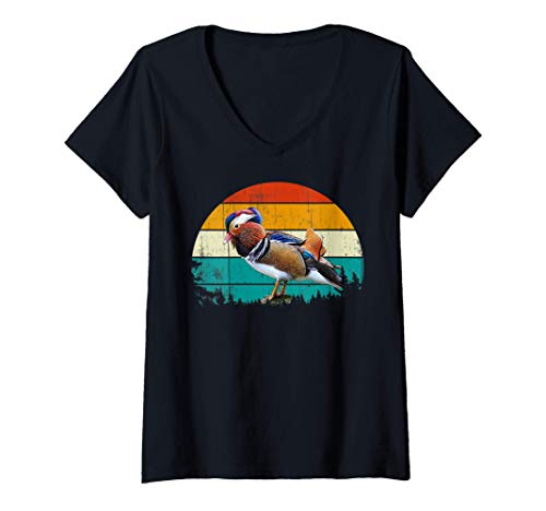 Mujer Vintage Retro Style Summer Sunset Bird Animal Mandarin Duck Camiseta Cuello V