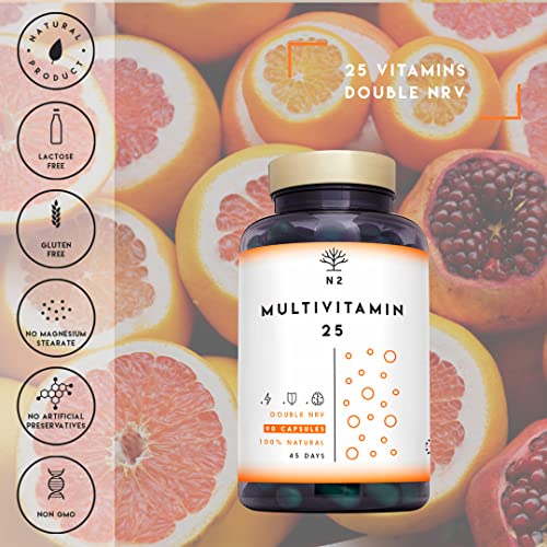 Multivitaminas Vitamina C y D con Zinc Magnesio Hierro. 25 Minerales y Vitaminas E B6 B12 B1. 200% del Valor Diario Recomendado. vitaminas para el cansancio. 90 Cápsulas N2 Natural Nutrition