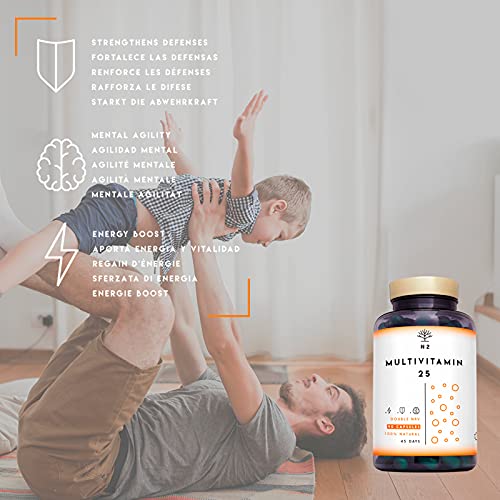 Multivitaminas Vitamina C y D con Zinc Magnesio Hierro. 25 Minerales y Vitaminas E B6 B12 B1. 200% del Valor Diario Recomendado. vitaminas para el cansancio. 90 Cápsulas N2 Natural Nutrition