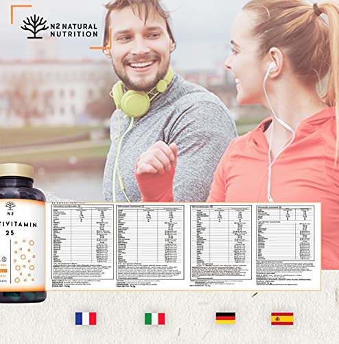 Multivitaminas Vitamina C y D con Zinc Magnesio Hierro. 25 Minerales y Vitaminas E B6 B12 B1. 200% del Valor Diario Recomendado. vitaminas para el cansancio. 90 Cápsulas N2 Natural Nutrition