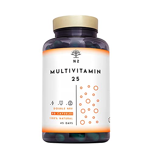 Multivitaminas Vitamina C y D con Zinc Magnesio Hierro. 25 Minerales y Vitaminas E B6 B12 B1. 200% del Valor Diario Recomendado. vitaminas para el cansancio. 90 Cápsulas N2 Natural Nutrition