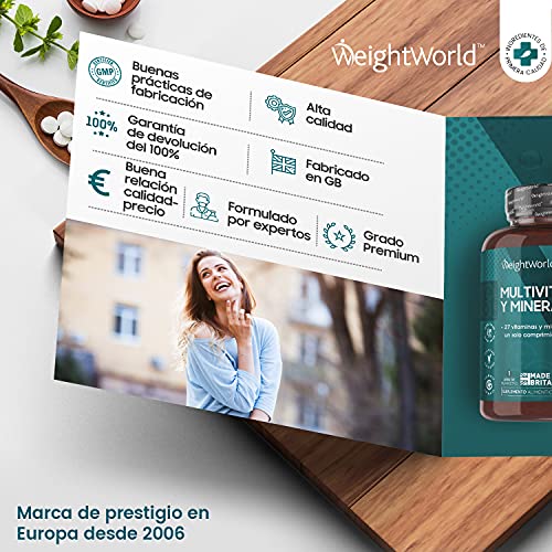 Multivitaminas y Minerales 365 Comprimidos Vegetales - 27 Vitaminas y Minerales Esenciales, Todas las Vitaminas C, A, D, B, K, E, Biotina y Minerales Yodo, Sodio, Hierro y Zinc Un Año de Suministro