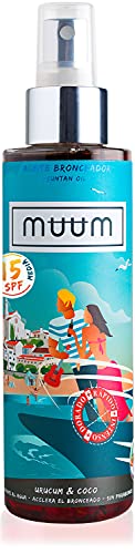 muum - Aceite Bronceador SPF15 de Urucum y Coco - Acelerador del Bronceado con Antioxidantes Naturales, Hidrata y previene manchas y arrugas - Bronceado de tono dorado y natural - 150 ml.