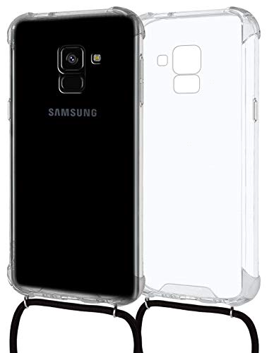 MyGadget Funda con Cuerda para Samsung Galaxy A8 2018 - Carcasa Transparente en Silicona TPU Suave con Cordón - Case y Correa Colgante Ajustable - Negro