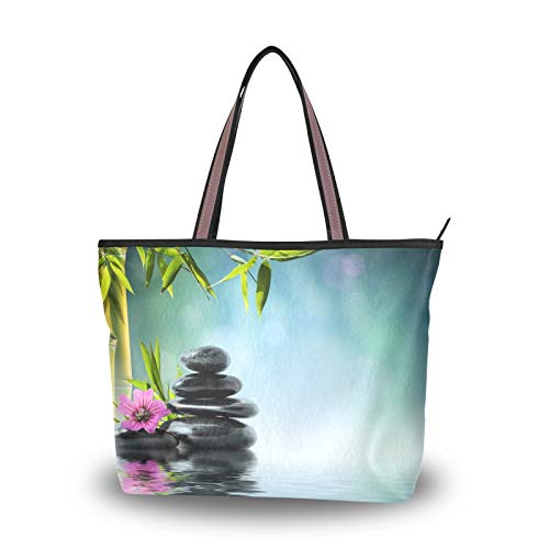 NaiiaN Bolsos de mano con correa de peso ligero, bolso de mano de bambú de piedra con flores de agua de manantial Zen para mujeres y niñas