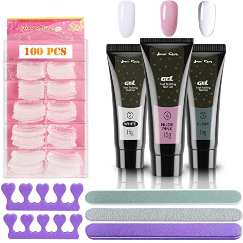 Nail kit, 3PCS Nails Extension Builder Gel Glue + 100PCS Acrylic Nail Tips + 3PCS Nail Files + 2PCS Sponge Finger Separator, Apto para principiantes