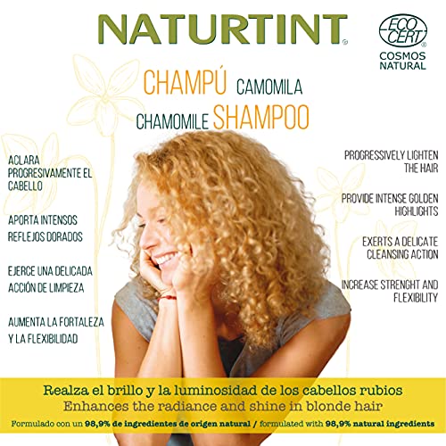 Naturtint Champú Camomila Natural. Intensos Reflejos Dorados. Ecocert. 98,9% Ingredientes Naturales | Camomila Miel y Limón | 330ml