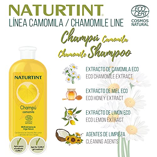 Naturtint Champú Camomila Natural. Intensos Reflejos Dorados. Ecocert. 98,9% Ingredientes Naturales | Camomila Miel y Limón | 330ml