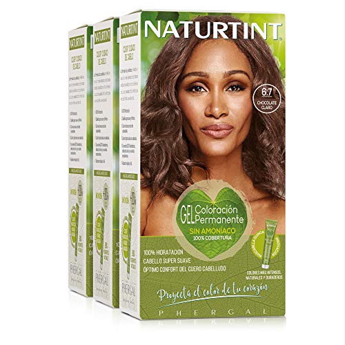 Naturtint Coloración 6.7 Chocolate Claro. Tinte sin Amoniaco. 100% Cobertura de canas e Hidratación. Ingredientes y Aceites Vegetales. Color Natural y Duradero. Pack de 3