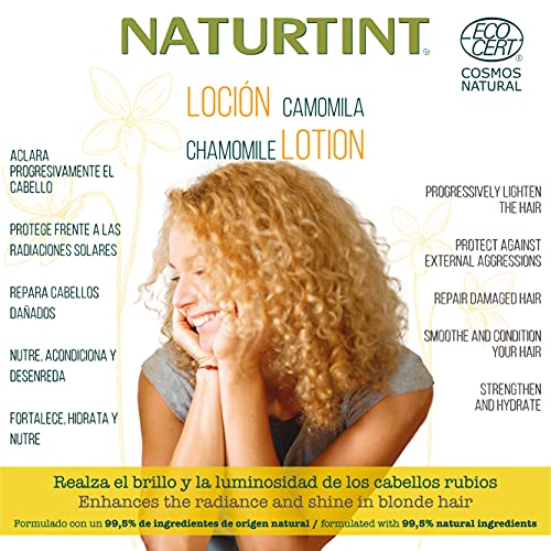 Naturtint. Loción en Spray de Camomila. Aclara Progresivamente el Cabello. ECOCERT. 99.5% Ingredientes naturales. Con Camomila, Miel y Limón. 125ml