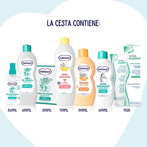 Nenuco Canastilla Regalo Bebé Recién Nacido Set Higiene Con Colonia, Jabón de Baño, Leche Hidratante, Champú, Pasta al Agua Eryplast y Cesta 2950 g