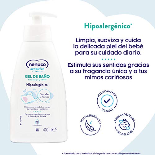 Nenuco Sensitive Gel de Baño Hipoalergénico para bebé con olor a Nenuco y pH equilibrado, 3x 400 ml