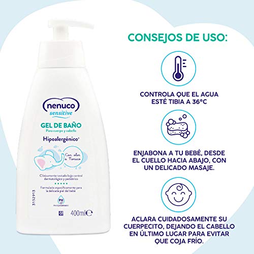 Nenuco Sensitive Gel de Baño Hipoalergénico para bebé con olor a Nenuco y pH equilibrado, 3x 400 ml