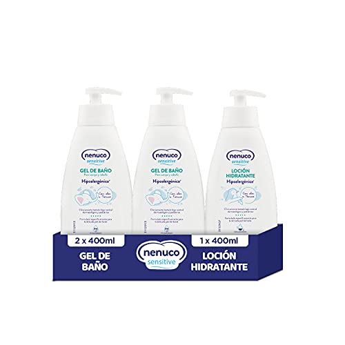 Nenuco Sensitive Pack Gel de Baño Hipoalergénico para Bebé 2x400ml + Loción Hidratante Hipoalergénica 400ml - Con olor a Nenuco