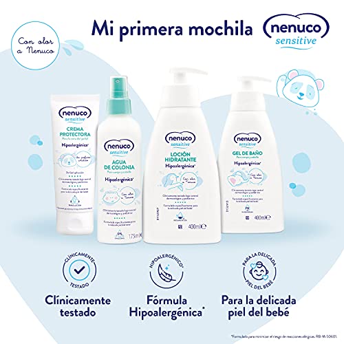 Nenuco Sensitive - Set higiene bebé con mochila multiusos, contiene agua de colonia, gel de baño, loción y crema para la zona del pañal - 4 productos