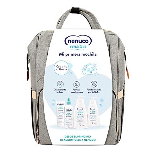 Nenuco Sensitive - Set higiene bebé con mochila multiusos, contiene agua de colonia, gel de baño, loción y crema para la zona del pañal - 4 productos