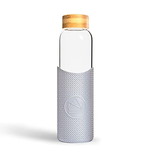 Neon Kactus - Botella de Vidrio de Borosilicato Soplado a Mano con Tapón de Bambú, Botella de Cristal con Funda de Silicona para Uso Alimentario, Botella Reutilizable sin Plástico, 550 ml