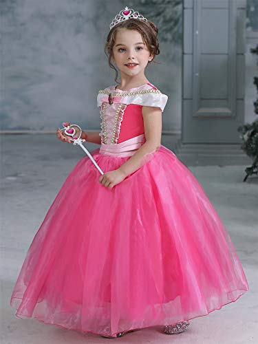 New front Disfraz Niña Princesa Aurora Vestido La Bella Durmiente Navidad Cumpleaños Largo Costume Diadema Varita Mágica Guantes Collar Traje Regalo Halloween Carnaval 3-8 Años