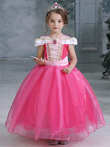 New front Disfraz Niña Princesa Aurora Vestido La Bella Durmiente Navidad Cumpleaños Largo Costume Diadema Varita Mágica Guantes Collar Traje Regalo Halloween Carnaval 3-8 Años