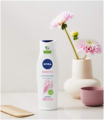 NIVEA Champú Sensible (250 ml), Champú Ultra Suave para el Cabello con Pro Vitamina B5, Champú Optimizado con pH para Cuero Cabelludo Sensible, Irritado y Seco