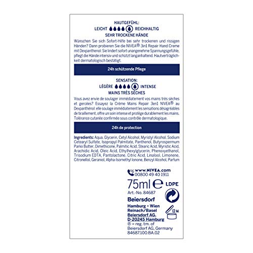 NIVEA - Crema de manos reparadora 3 en 1 (75 ml), crema de piel rica, con dexpantenol, para cuidados intensivos, para manos muy secas y agrietadas