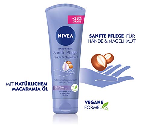 NIVEA Crema de manos suave (100 ml), crema nutritiva con aceite de macadamia y flor de loto, cuidado intensivo de manos y cutículas.