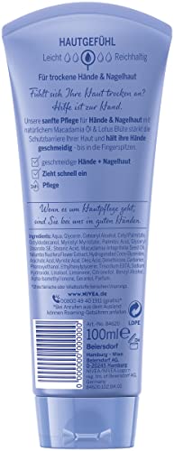 NIVEA Crema de manos suave (100 ml), crema nutritiva con aceite de macadamia y flor de loto, cuidado intensivo de manos y cutículas.