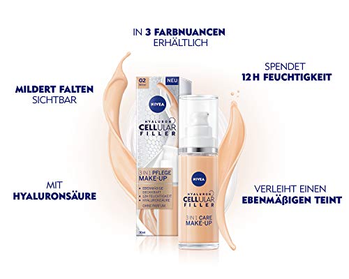 NIVEA Hyaluron Cellular Filler - Maquillaje 3 en 1 (30 ml), base hidratante con ácido hialurónico